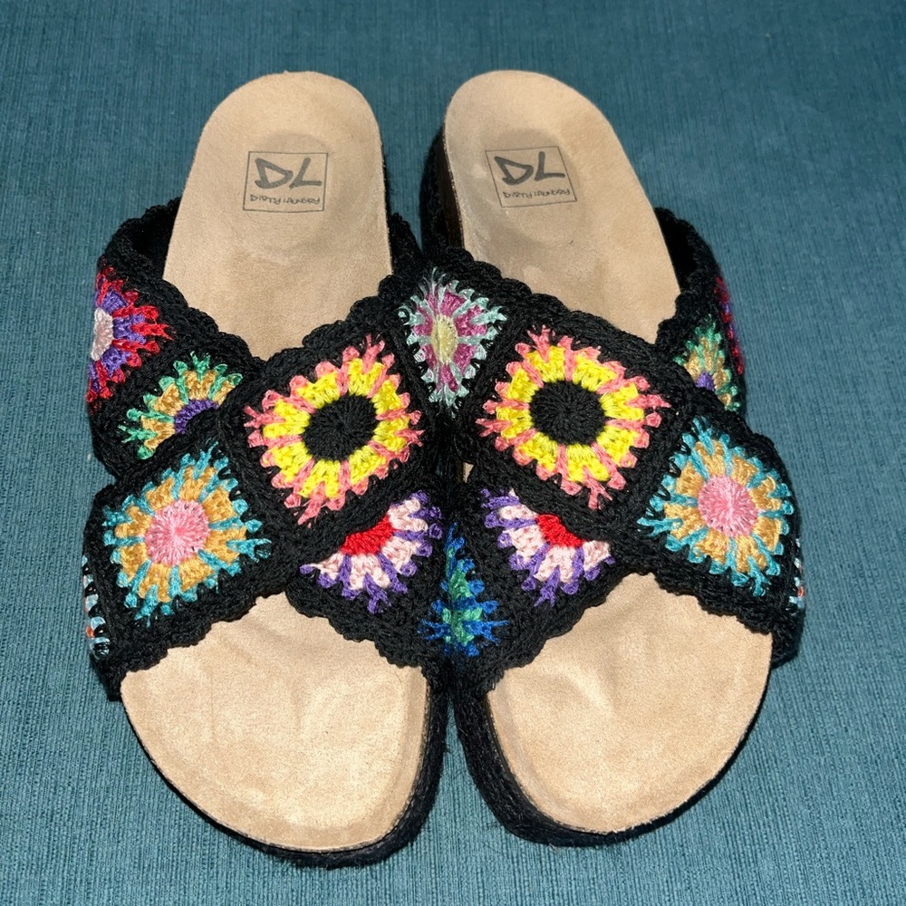 Dirty Laundry Black Crochet Platform Slide Sandals with Multicolor Accents - Picture 3 of 7